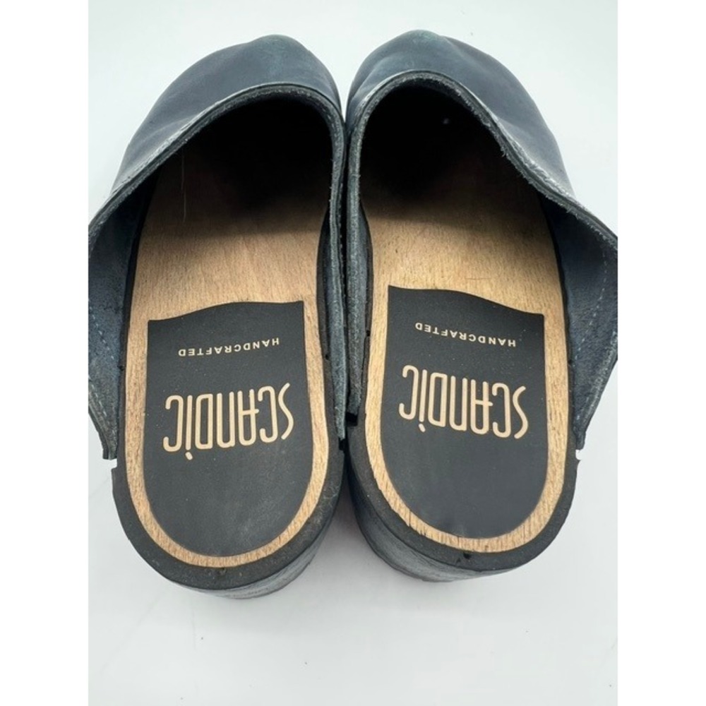 Scandic Clogs Women 38 Navy Blue Good Handcrafted Leather Floral Trim Wood Heel - Picture 4 of 9